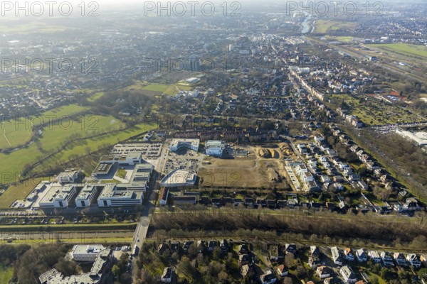 Aerial view, new development area SCI:Q Living, ParacelsusPark, Hamm-Lippstadt University, university campus, Bad Hamm, Hamm, Ruhr area, North Rhine-Westphalia, Germany, education, educational institution, DE, Europe, aerial view, aerial photography, aerial photography, Marker Allee, overview, university, bird's eye view, birds-eyes view, overview