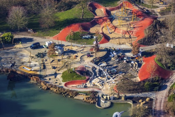 Aerial view, Maximilianpark Hamm, construction site renewal, reconstruction water playground, Maxi-Park, Braam-Ostwennemar, Hamm, Ruhr area, North Rhine-Westphalia, Germany, DE, Europe, leisure, leisure facility, leisure activities, leisure park, leisure centre, site of the disused Maximilian colliery, aerial view, aerial photography, aerial photography, park, overview, bird's eye view, birds-eyes view, overview