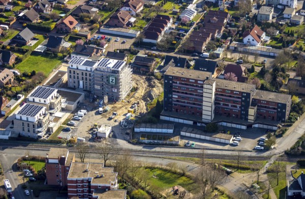 Aerial view, new construction project Augenweide, condominiums and penthouses, Grenzweg, Braam-Ostwennemar, Hamm, Ruhr area, North Rhine-Westphalia, Germany, construction work, construction area, building site, building plots, construction project, DE, development, Europe, property tax, real estate, capacity requirements, aerial view, aerial photography, aerial photography, new construction, overview, bird's eye view, residential complex, living and living, residential buildings, quality of living, residential neighbourhood, birds-eyes view, overview