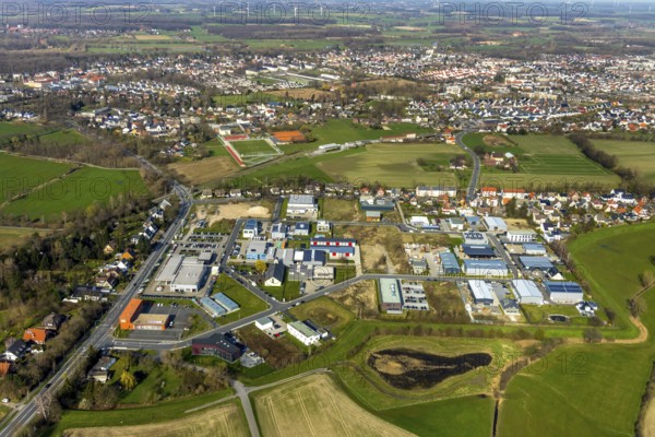 Aerial view, industrial area Hohenfeldweg, Herbert-Rust-Weg, Soester Straße, Hamm, Ruhr area, North Rhine-Westphalia, Germany, DE, Europe, distant view, commercial enterprises, commercial area, commercial park, commercial location, commercial use, industrial area, industrial location, aerial photograph, aerial photography, aerial photography, overview, bird's-eye view, overview