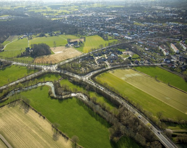 Aerial view, construction area, AhsePark housing estate, Caldenhofer Weg, river Ahse, Hamm, Ruhr area, North Rhine-Westphalia, Germany, construction work, construction vehicles, construction area, construction site, building plots, construction crane, construction project, construction site, DE, development, Europe, Glunz-Dorf, real estate, capacity requirements, aerial view, aerial photography, aerial photography, new construction, overview, bird's-eye view, meadows and fields, housing estate, residential area, residential buildings, residential neighbourhood, housing estate, birds-eyes view, overview
