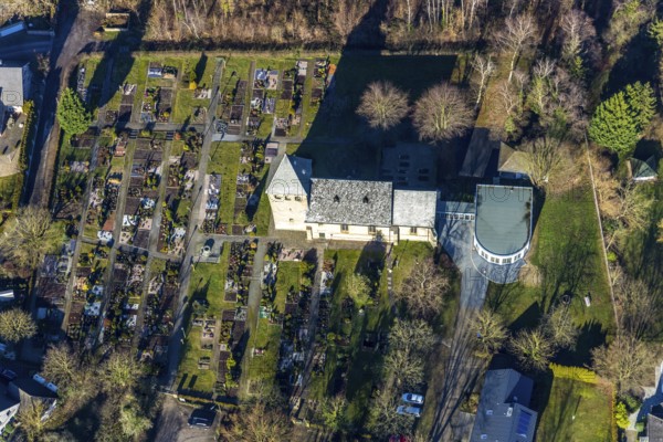 Aerial view, Uentrop village church, Uentrop, Hamm, Ruhr area, North Rhine-Westphalia, Germany, An der Uentroper Kirche, burial place, DE, Europe, cemetery, memorial, religious community, place of worship, house of God, land tax, graves, cemetery, real estate, church, parish, denomination, aerial view, aerial photography, aerial photography, religion, resting place, overview, bird's-eye view, living and life, residential area, residential buildings, housing estate, birds-eyes view, overview