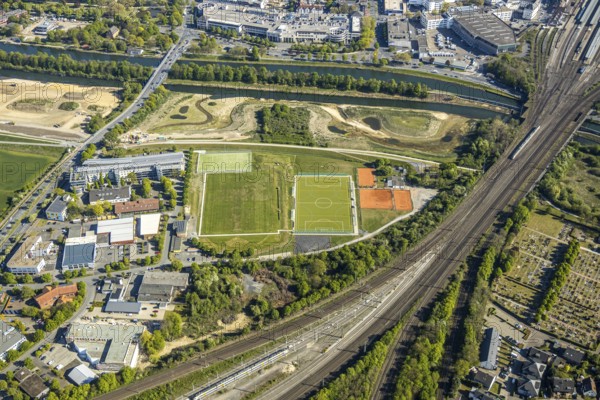 Aerial view, hockey and tennis club Hamm Philip-Reis-Straße, Lippe river, Hamm, Ruhr area, North Rhine-Westphalia, Germany, Duisburg, DE, Europe, birds-eyes view, aerial photograph, aerial photography, aerial photography, overview, bird's eye view