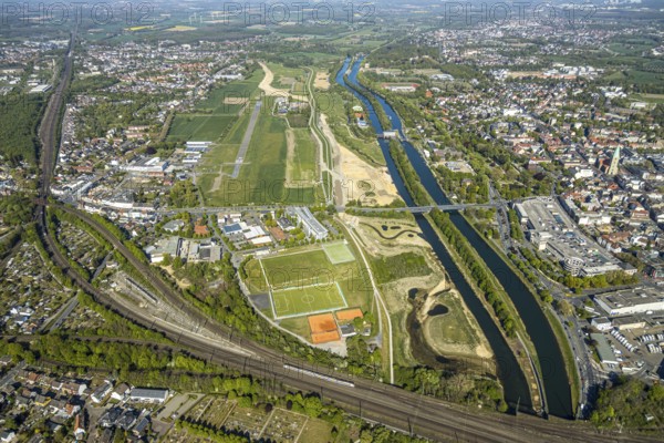 Hamm-Lippewiesen airfield EDLH, runway markings, Lippe reconstruction, Lippe river, Hamm, Ruhr area, North Rhine-Westphalia, Germany, Duisburg, DE, Europe, aerial photo, birds-eyes view, aerial photograph, aerial photography, aerial photography, overview, bird's eye view