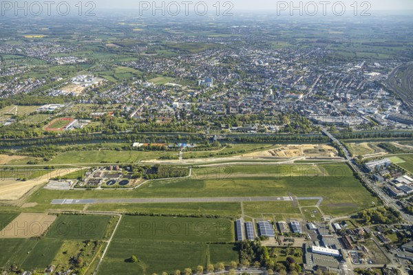 Hamm-Lippewiesen airfield EDLH, runway markings, Lippe reconstruction, Lippe river, Hamm, Ruhr area, North Rhine-Westphalia, Germany, Duisburg, DE, Europe, aerial photo, birds-eyes view, aerial photograph, aerial photography, aerial photography, overview, bird's eye view
