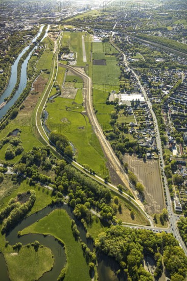 Hamm-Lippewiesen airfield EDLH, runway markings, Lippe reconstruction, Lippe river, Hamm, Ruhr area, North Rhine-Westphalia, Germany, Düsseldorf, DE, Europe, aerial photograph, birds-eyes view, aerial photography, aerial photography, aerial photography, overview, bird's eye view