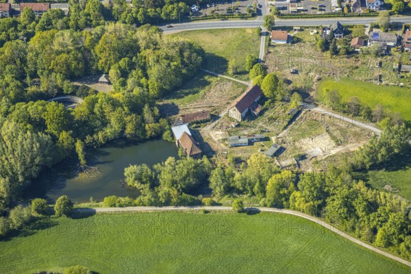 Aerial view, Heessener Mühle and Heessen Castle in the Lippe floodplains, Lippe river, Hamm, Ruhr area, North Rhine-Westphalia, Germany, Düsseldorf, DE, Europe, birds-eyes view, aerial photography, aerial photography, aerial photography, overview, bird's eye view