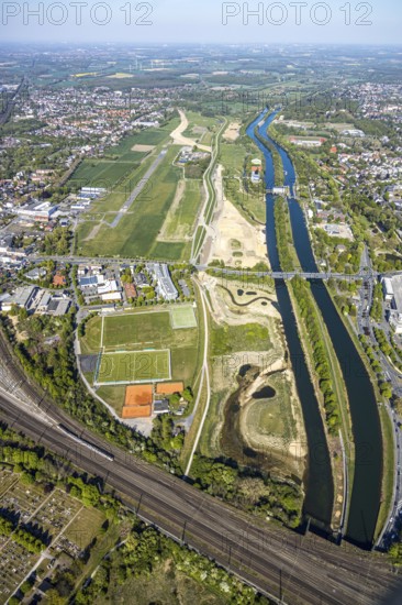 Hamm-Lippewiesen airfield EDLH, runway markings, Lippe reconstruction, Lippe river, Hamm, Ruhr area, North Rhine-Westphalia, Germany, Duisburg, DE, Europe, aerial photo, birds-eyes view, aerial photograph, aerial photography, aerial photography, overview, bird's eye view