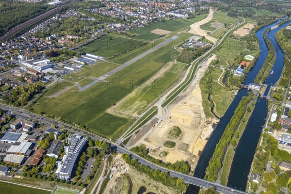 Hamm-Lippewiesen airfield EDLH, runway markings, Lippe reconstruction, Lippe river, Hamm, Ruhr area, North Rhine-Westphalia, Germany, Duisburg, DE, Europe, aerial photo, birds-eyes view, aerial photograph, aerial photography, aerial photography, overview, bird's eye view