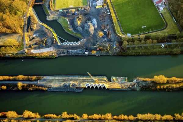 Aerial view, Datteln-Hamm canal, new Ahsedüker, Ahse, sheet pile wall, canal construction site, Hamm, Ruhr area, North Rhine-Westphalia, Germany, DE, Europe, birds-eyes view, aerial photograph, aerial photography, aerial photography, overview, bird's eye view