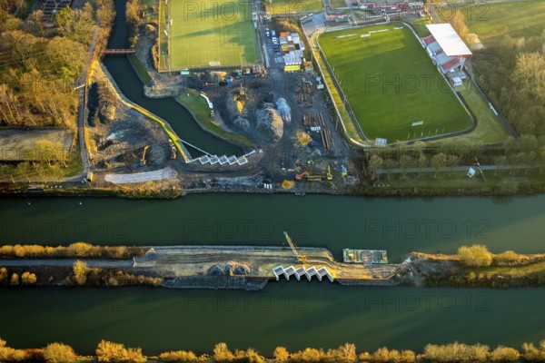 Aerial view, Datteln-Hamm canal, new Ahsedüker, Ahse, sheet pile wall, canal construction site, Hamm, Ruhr area, North Rhine-Westphalia, Germany, DE, Europe, birds-eyes view, aerial photograph, aerial photography, aerial photography, overview, bird's eye view