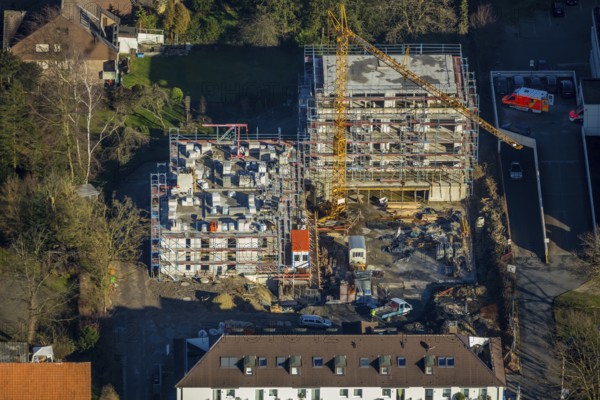 Aerial view, St. Josef Hospital, new building, construction company Heckmann, former kindergarten, Hamm, Ruhr area, North Rhine-Westphalia, Germany, construction work, construction area, construction site, building plots, construction crane, construction project, construction site, DE, development, Europe, healthcare, hospital, capacity requirements, clinic, clinic centre, hospital, aerial view, aerial photography, aerial photography, medical facility, medical aid, new building, emergency service, overview, bird's eye view, birds-eyes view, overview, medical care
