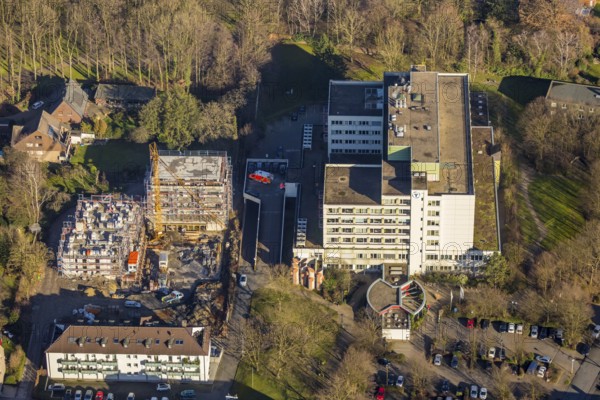Aerial view, St. Josef Hospital, new building, construction company Heckmann, former kindergarten, Hamm, Ruhr area, North Rhine-Westphalia, Germany, construction work, construction area, construction site, building plots, construction crane, construction project, construction site, DE, development, Europe, healthcare, hospital, capacity requirements, clinic, clinic centre, hospital, aerial view, aerial photography, aerial photography, medical facility, medical aid, new building, emergency service, overview, bird's eye view, birds-eyes view, overview, medical care