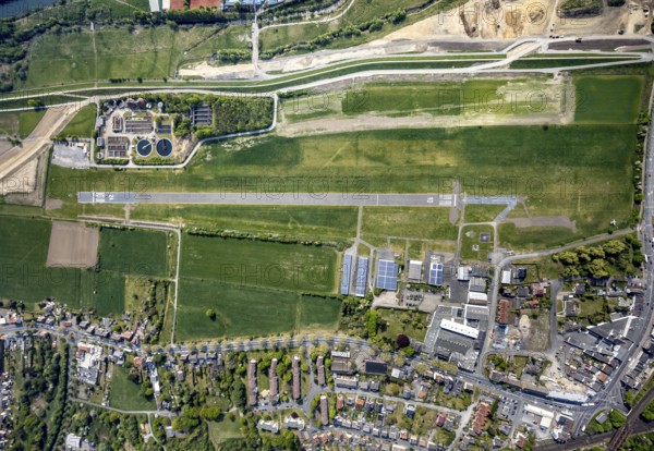 Hamm-Lippewiesen airfield EDLH, runway markings, Lippe reconstruction, Lippe river, Hamm, Ruhr area, North Rhine-Westphalia, Germany, DE, Europe, aerial photo, birds-eyes view, aerial photograph, aerial photography, aerial photography, overview, bird's eye view