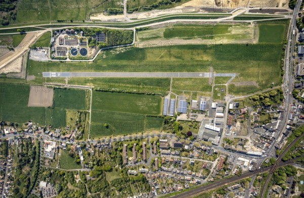 Hamm-Lippewiesen airfield EDLH, runway markings, Lippe reconstruction, Lippe river, Hamm, Ruhr area, North Rhine-Westphalia, Germany, DE, Europe, aerial photo, birds-eyes view, aerial photograph, aerial photography, aerial photography, overview, bird's eye view