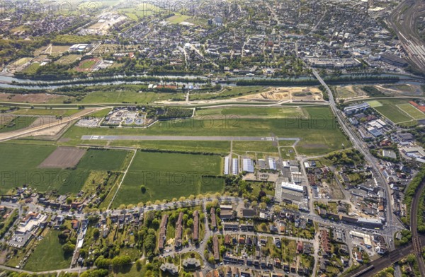 Hamm-Lippewiesen airfield EDLH, runway markings, Lippe reconstruction, Lippe river, Hamm, Ruhr area, North Rhine-Westphalia, Germany, DE, Europe, aerial photo, birds-eyes view, aerial photograph, aerial photography, aerial photography, overview, bird's eye view