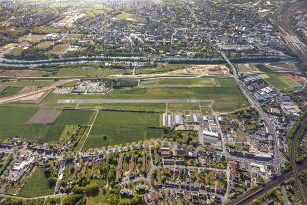 Hamm-Lippewiesen airfield EDLH, runway markings, Lippe reconstruction, Lippe river, Hamm, Ruhr area, North Rhine-Westphalia, Germany, DE, Europe, aerial photo, birds-eyes view, aerial photograph, aerial photography, aerial photography, overview, bird's eye view