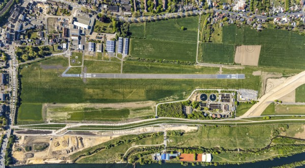 Hamm-Lippewiesen airfield EDLH, runway markings, Lippe reconstruction, Lippe river, Hamm, Ruhr area, North Rhine-Westphalia, Germany, DE, Europe, aerial photo, birds-eyes view, aerial photograph, aerial photography, aerial photography, overview, bird's eye view