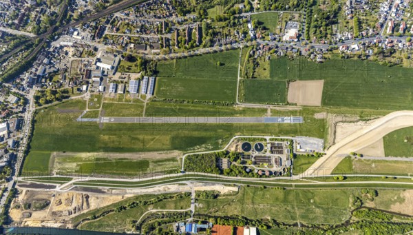 Hamm-Lippewiesen airfield EDLH, runway markings, Lippe reconstruction, Lippe river, Hamm, Ruhr area, North Rhine-Westphalia, Germany, DE, Europe, aerial photo, birds-eyes view, aerial photograph, aerial photography, aerial photography, overview, bird's eye view