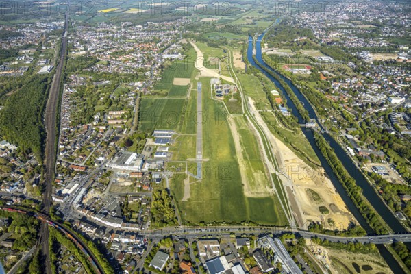 Hamm-Lippewiesen airfield EDLH, runway markings, Lippe reconstruction, Lippe river, Hamm, Ruhr area, North Rhine-Westphalia, Germany, Duisburg, DE, Europe, aerial photo, birds-eyes view, aerial photograph, aerial photography, aerial photography, overview, bird's eye view