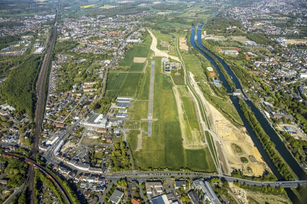 Hamm-Lippewiesen airfield EDLH, runway markings, Lippe reconstruction, Lippe river, Hamm, Ruhr area, North Rhine-Westphalia, Germany, Duisburg, DE, Europe, aerial photo, birds-eyes view, aerial photograph, aerial photography, aerial photography, overview, bird's eye view