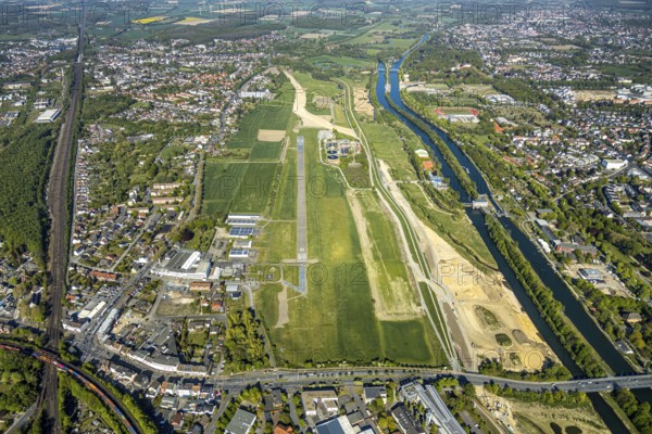 Hamm-Lippewiesen airfield EDLH, runway markings, Lippe reconstruction, Lippe river, Hamm, Ruhr area, North Rhine-Westphalia, Germany, Duisburg, DE, Europe, aerial photo, birds-eyes view, aerial photograph, aerial photography, aerial photography, overview, bird's eye view