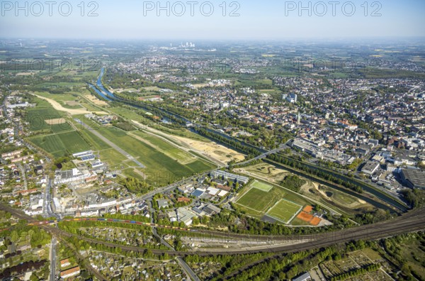 Hamm-Lippewiesen airfield EDLH, runway markings, Lippe reconstruction, Lippe river, Hamm, Ruhr area, North Rhine-Westphalia, Germany, Duisburg, DE, Europe, aerial photo, birds-eyes view, aerial photograph, aerial photography, aerial photography, overview, bird's eye view