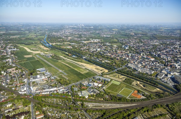 Hamm-Lippewiesen airfield EDLH, runway markings, Lippe reconstruction, Lippe river, Hamm, Ruhr area, North Rhine-Westphalia, Germany, Duisburg, DE, Europe, aerial photo, birds-eyes view, aerial photograph, aerial photography, aerial photography, overview, bird's eye view