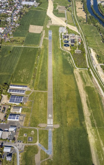 Aerial photo, Hamm-Lippewiesen airfield EDLH, runway markings, Lippe reconstruction, Lippe river, Hamm, Ruhr area, North Rhine-Westphalia, Germany, Düsseldorf, DE, Europe, birds-eyes view, aerial photograph, aerial photography, aerial photography, overview, bird's eye view
