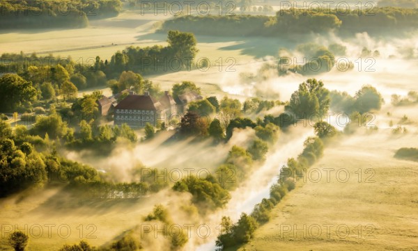 Aerial view, morning fog, Lippe river meadow, landscape in backlight, Oberwerries Castle, Hamm, Ruhr area, North Rhine-Westphalia, Germany, ground fog, castle, DE, Europe, river Lippe, river meadow, backlight, green trees, manor house, manor house, manor house, landscape, aerial view, aerial photography, aerial photography, fog, castle, castle complex, castle garden, castle park, overview, bird's eye view, moated castle, moated castle, meadows and fields, birds-eyes view, overview