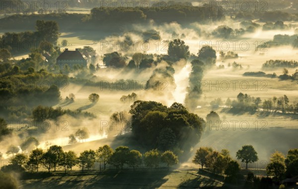 Aerial view, morning fog, Lippe river meadow, landscape in backlight, Oberwerries Castle, Hamm, Ruhr area, North Rhine-Westphalia, Germany, ground fog, castle, DE, Europe, river Lippe, river meadow, backlight, green trees, manor house, manor house, manor house, landscape, aerial view, aerial photography, aerial photography, fog, castle, castle complex, castle garden, castle park, overview, bird's eye view, moated castle, moated castle, meadows and fields, birds-eyes view, overview