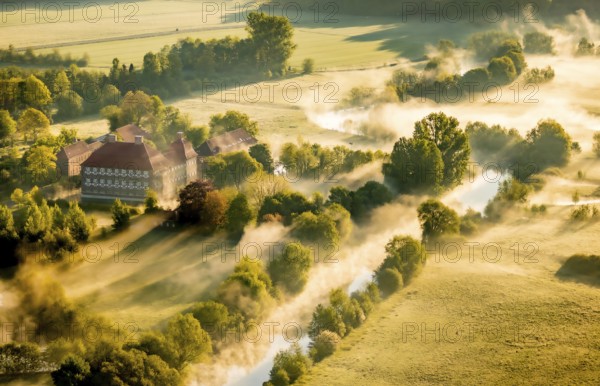 Aerial view, morning fog, Lippe river meadow, landscape in backlight, Oberwerries Castle, Hamm, Ruhr area, North Rhine-Westphalia, Germany, ground fog, castle, DE, Europe, river Lippe, river meadow, backlight, green trees, manor house, manor house, manor house, landscape, aerial view, aerial photography, aerial photography, fog, castle, castle complex, castle garden, castle park, overview, bird's eye view, moated castle, moated castle, meadows and fields, birds-eyes view, overview