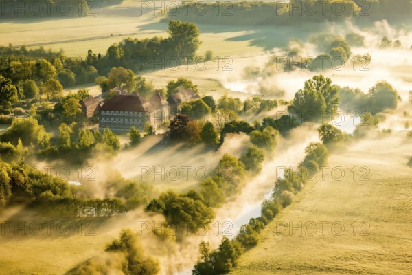 Aerial view, morning fog, Lippe river meadow, landscape in backlight, Oberwerries Castle, Hamm, Ruhr area, North Rhine-Westphalia, Germany, ground fog, castle, DE, Europe, river Lippe, river meadow, backlight, green trees, manor house, manor house, manor house, landscape, aerial view, aerial photography, aerial photography, fog, castle, castle complex, castle garden, castle park, overview, bird's eye view, moated castle, moated castle, meadows and fields, birds-eyes view, overview