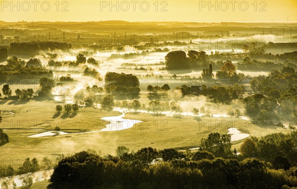 Aerial view, morning fog, Lippe river meadow, landscape in backlight, Oberwerries Castle, Hamm, Ruhr area, North Rhine-Westphalia, Germany, ground fog, DE, Europe, distant view, river Lippe, river meadow, backlight, green trees, landscape, aerial view, aerial photography, aerial photography, fog, overview, bird's eye view, meadows and fields, birds-eyes view, overview