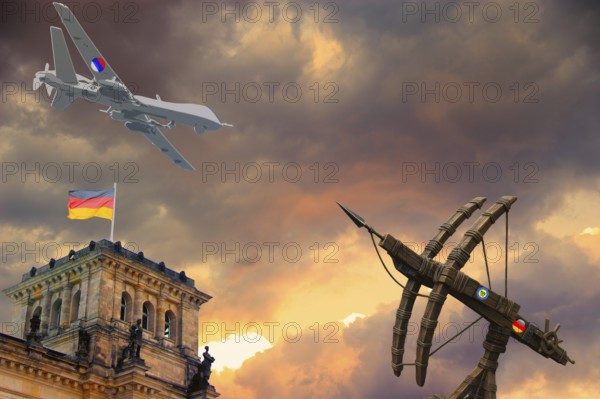 Symbolic image, Putin and Ukraine war, Russian drones over Germany and the EU, defense with crossbow guns?, lack of high-tech defense, sabotage by Russia, undersea cables, Baltic states, Poland, threat to Europe/world politics, billiards of world politics, Ukraine, Russia, danger situation, continued gas delivery, arms supplies, scarcity of fossil fuels, cold winter, frost, energy supply, food for third world, supply of raw materials