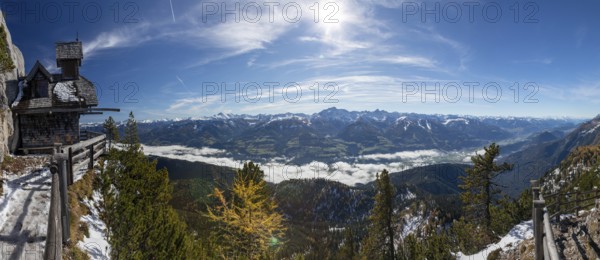 Peace chapel, Friedenskircherl am Stoderzinken, fog in the valley above the Enns Valley, panoramic picture, Gröbming, Styria, Austria