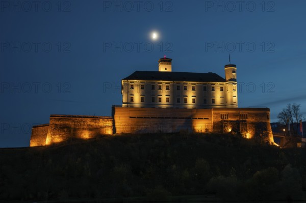Moon over Trautenfels Castle, blue hour, near Irdning, Ennstal, Styria, Austria