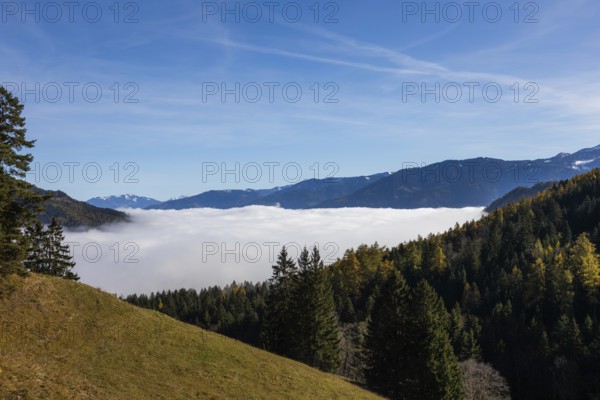 Autumn atmosphere, fog over the Enns Valley, view from Stoderstraße near Gröbming, Styria, Austria