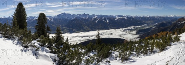 Autumn atmosphere, fog over the Enns Valley, snow on alpine mountain range, autumn leaves, panoramic picture, view from Stoderzinken near Gröbming, Styria, Austria