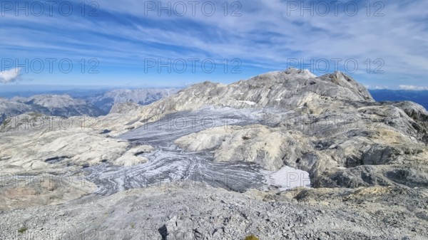 Remains of the Übergossene Alm glacier on the Hochkönig, symbol of glacier decline, view of the summit with the Matrashaus, Berchtesgaden Alps, Austria