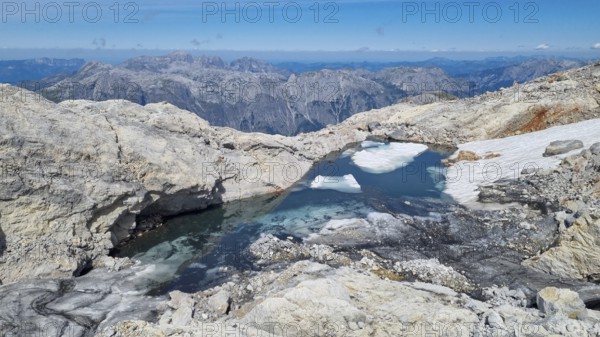 Glacier lake and remnants of the Übergossene Alm glacier on the Hochkönig, symbol of glacier decline, view of the Hagen Mountains and Hoher Göll, Berchtesgaden Alps, Austria