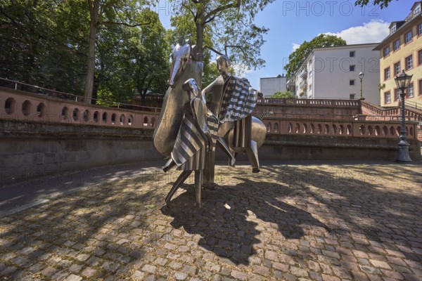 Stainless steel sculpture Saint Martin, sculptor Albert Sous, general architecture, trees, blue sky, cumulus clouds, Fürstenbergerhofstraße, Mainz, state capital, district-free city, Rhineland-Palatinate, Germany