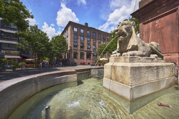 New fountain, sandstone fountain, limestone sculpture lion, water, city builder Johannes Weydt, sculptor Joseph Scholl, general architecture, commercial building, blue sky, cumulus clouds, cirrostratus clouds, Neubrunnenplatz, Mainz, state capital, district-free city, Rhineland-Palatinate, Germany