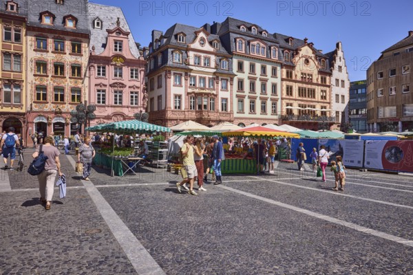Pedestrian zone, weekly market market, market stalls, retail, shopping, historic building, façade with windows and gables, paving stone square, pedestrians as a secondary motif, blue sky, cloudless, market square, Mainz, state capital, district-free city, Rhineland-Palatinate, Germany