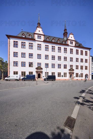 Leibniz Institute, historic university, historic building, façade with windows, dormer, gable and tower, asphalt road, blue sky, cloudless, Alte Universitätsstraße, Mainz, state capital, district-free city, Rhineland-Palatinate, Germany