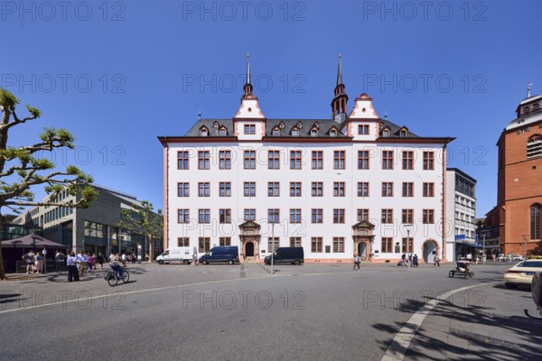 Leibniz Institute, historic university, historic building, façade with windows, dormer, gable and tower, asphalt road, cyclists and pedestrians as secondary motif, blue sky, cloudless, Alte Universitätsstraße, Mainz, state capital, district-free city, Rhineland-Palatinate, Germany