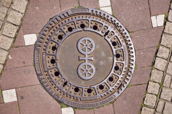 Manhole cover, city coat of arms, sidewalk made of concrete paving stones and paving stones with pattern, sunny, Mainz, state capital, district-free city, Rhineland-Palatinate, Germany