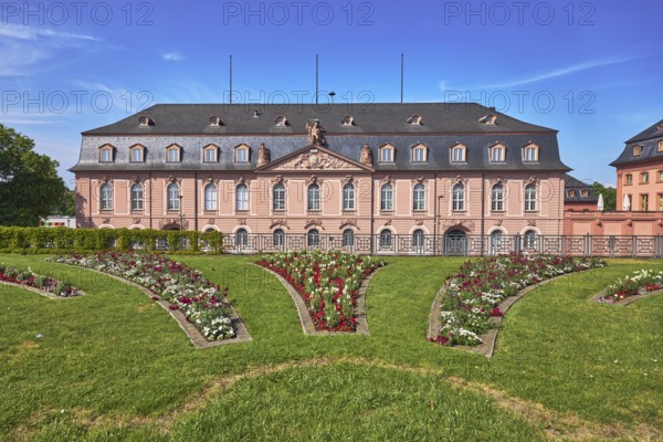 State Chancellery, New Armoury, historic building, baroque style, gardens, flower bed, lawn, fence, trees, blue sky, cirrostratus clouds, Peter-Altmeier-Allee, Mainz, state capital, district-free city, Rhineland-Palatinate, Germany