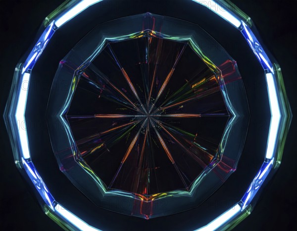 Abstract background of slightly unfocused multicolored glass lenses spinning and rotating, wallpaper illustration in vibrant neon colors, mandala background for business, textures and pattern, AI generated