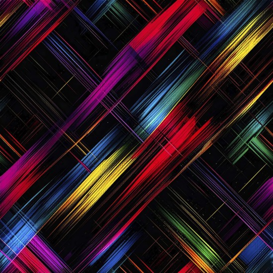 Abstract digital art featuring vibrant, intersecting neon lines creating a geometric pattern, Intersecting neon lines form a vibrant abstract geometric grid against a black background, Seamless looping illustration, colorful diagonal lines, creating a modern dynamic template background, vibrant colored lines and geometric forms for business or technology wallpaper, AI generated